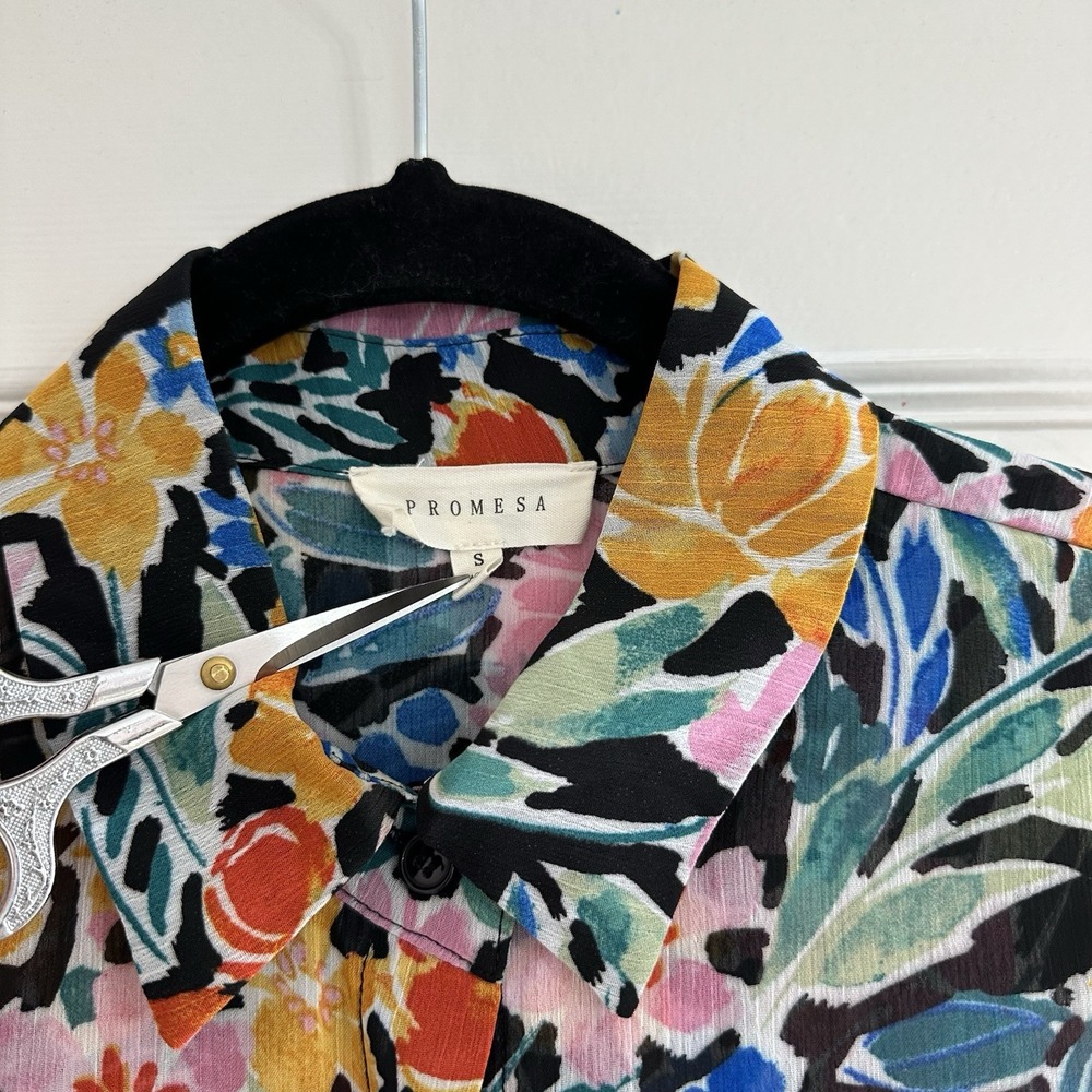 Promesa Tulum Black Floral Chiffon Button-Front Shirt Romper Long Sleeve Small - Picture 5 of 8